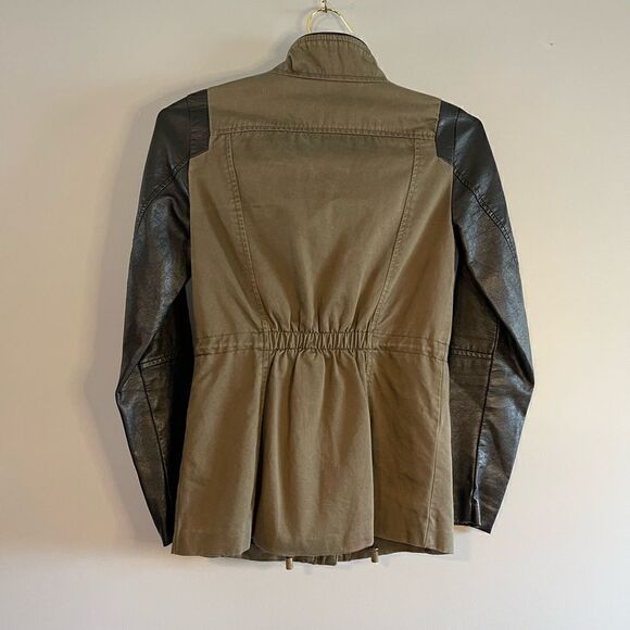 H&M Mixed Media Jacket Faux Leather & Army Green | SZ 2 - Picture 3 of 12